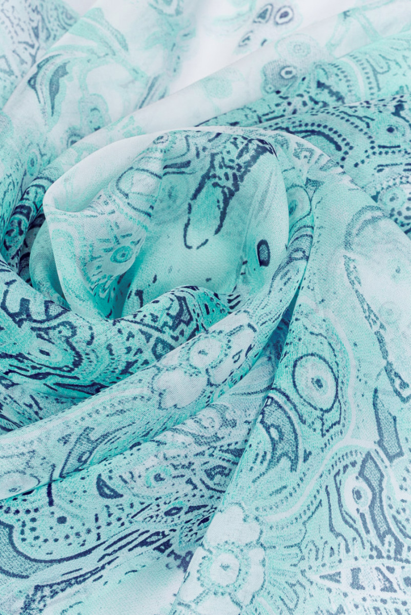 MuÅlin jedwabno-wiskozowy w kwiaty turkusowe